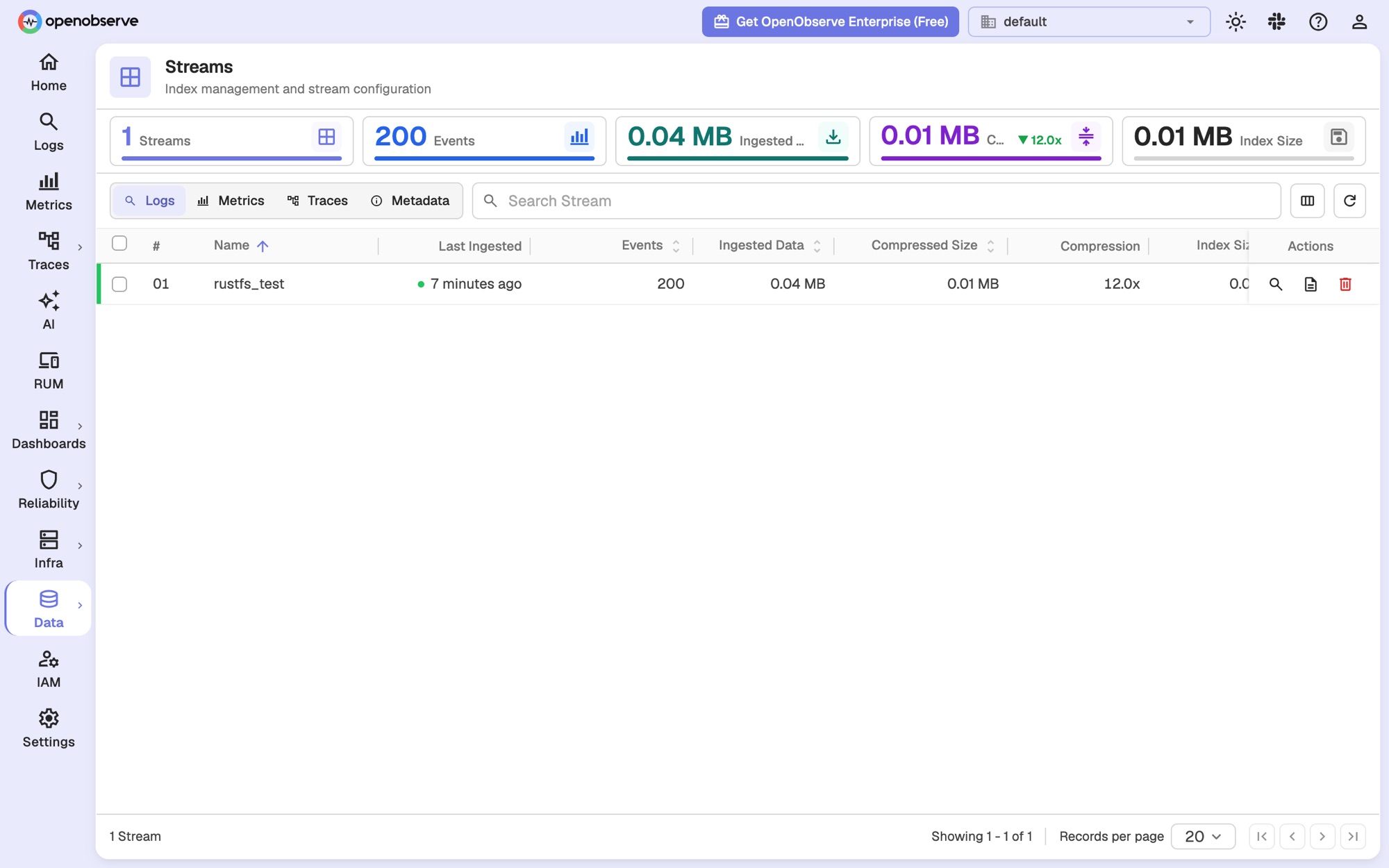OpenObserve stream statistics for the rustfs_test stream