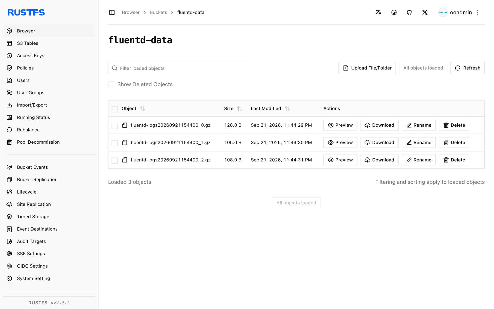 Fluentd log objects stored in the RustFS Console