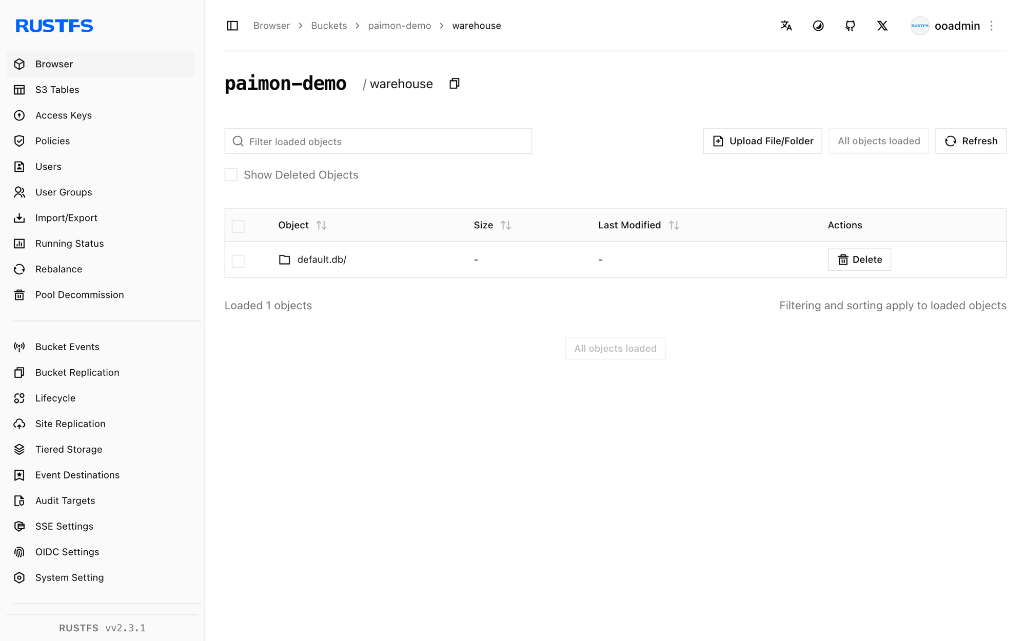 Paimon warehouse stored in the RustFS Console