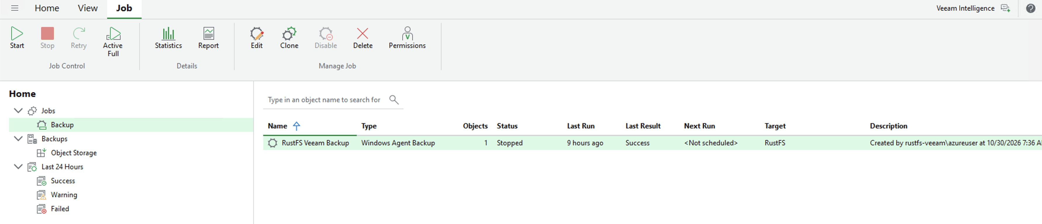 Job success and the restore point listed with repository RustFS