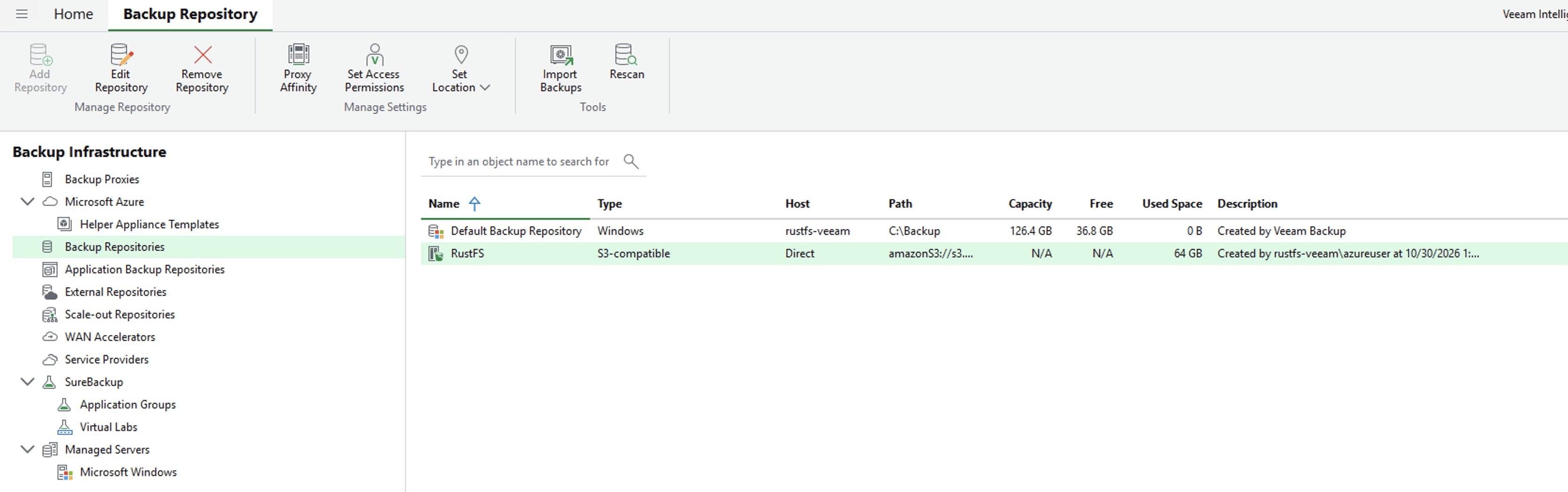 RustFS repository listed under Backup Repositories as S3-compatible