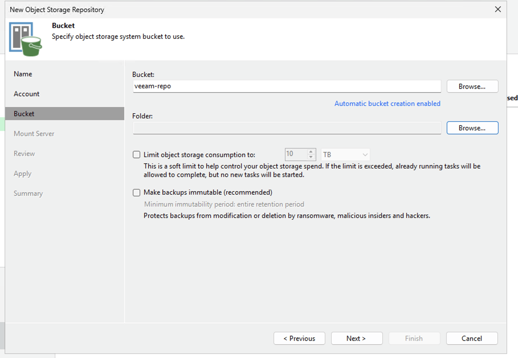 Repository wizard: bucket veeam-repo with versioning and Object Lock detected