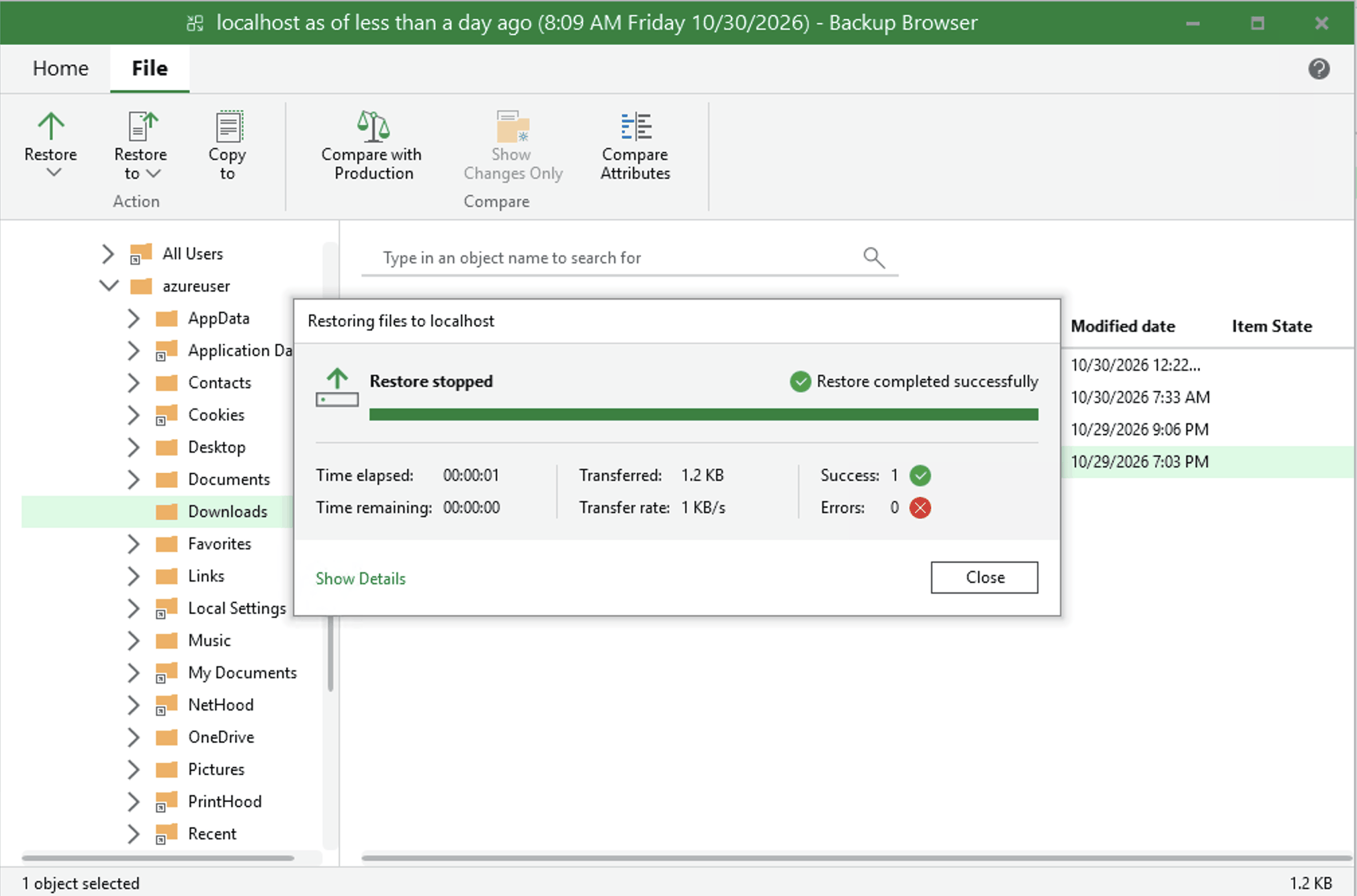File-level restore from the RustFS-backed backup via the Backup Browser